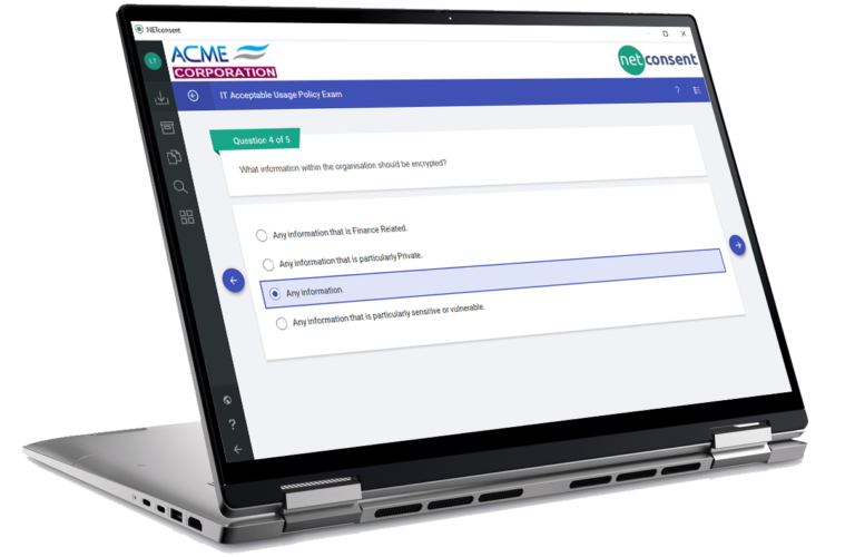 Netconsent laptop screen displaying compliance software interface policy management.